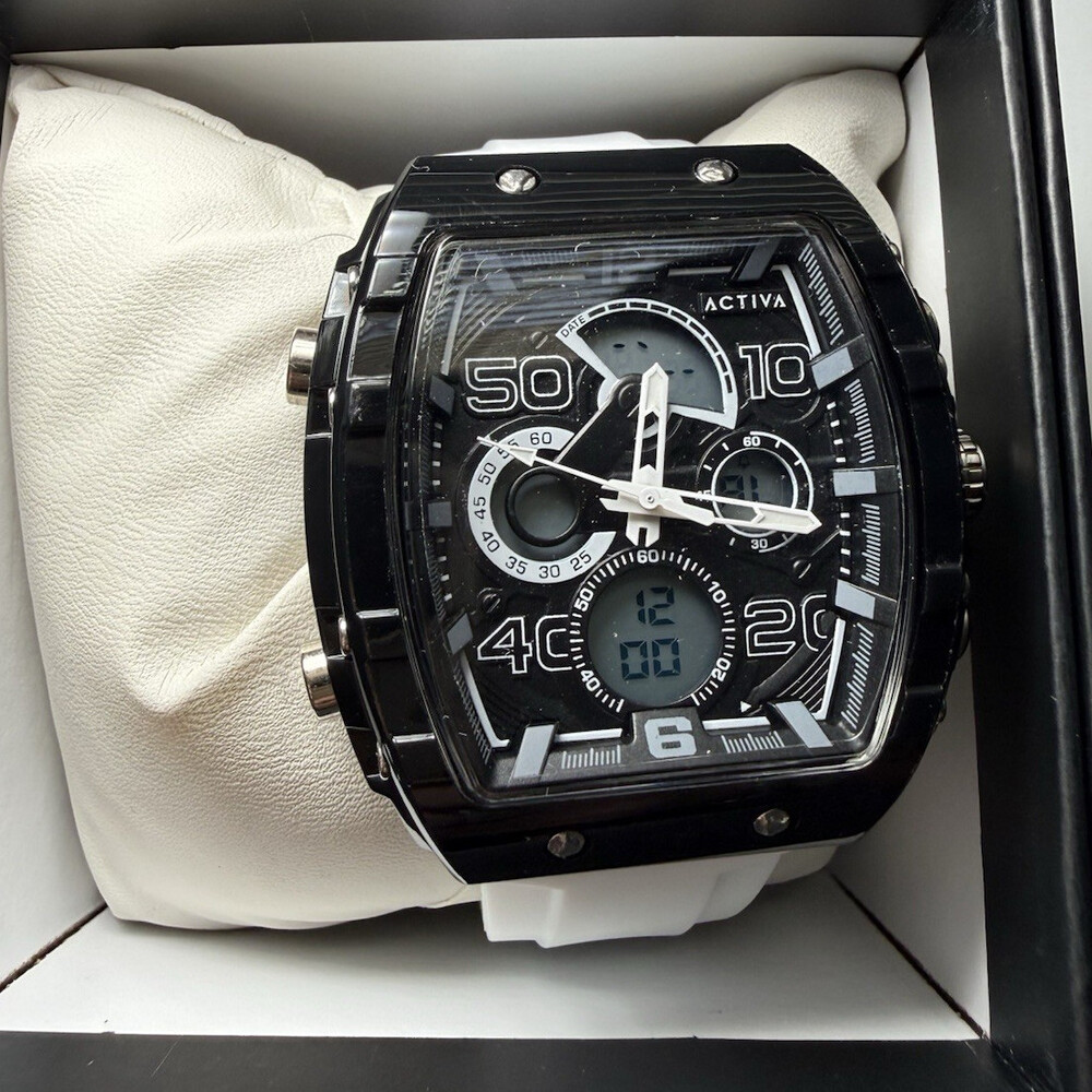 Activa Quartz Chronograph Analog/Digital Black Case White Silicone w/ Box
